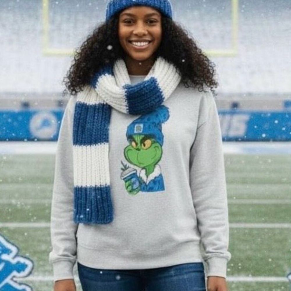 Dr Seuss Grinch Detroit Lions Sweatshirt Crewneck Gray M